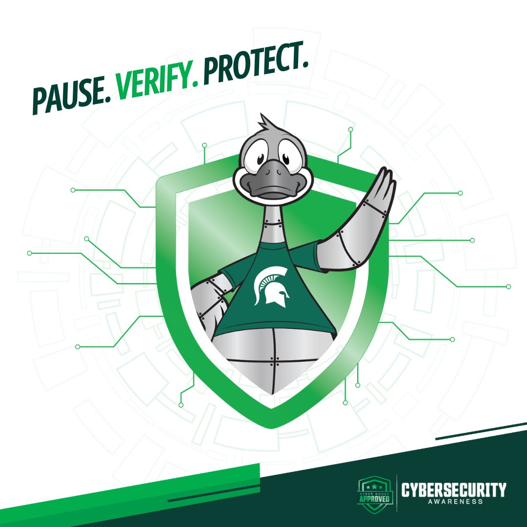 TechAtMSU's tweet photo. October is National Cybersecurity Awareness Month. MSU IT is sharing a four-part Pause. Verify. Protect. series focused on practical steps you can take to reduce cybersecurity risk. Topics include strong passphrases, phishing, and timely software updates. https://t.co/qwfGsuWxUb https://t.co/WpKcerqcbp