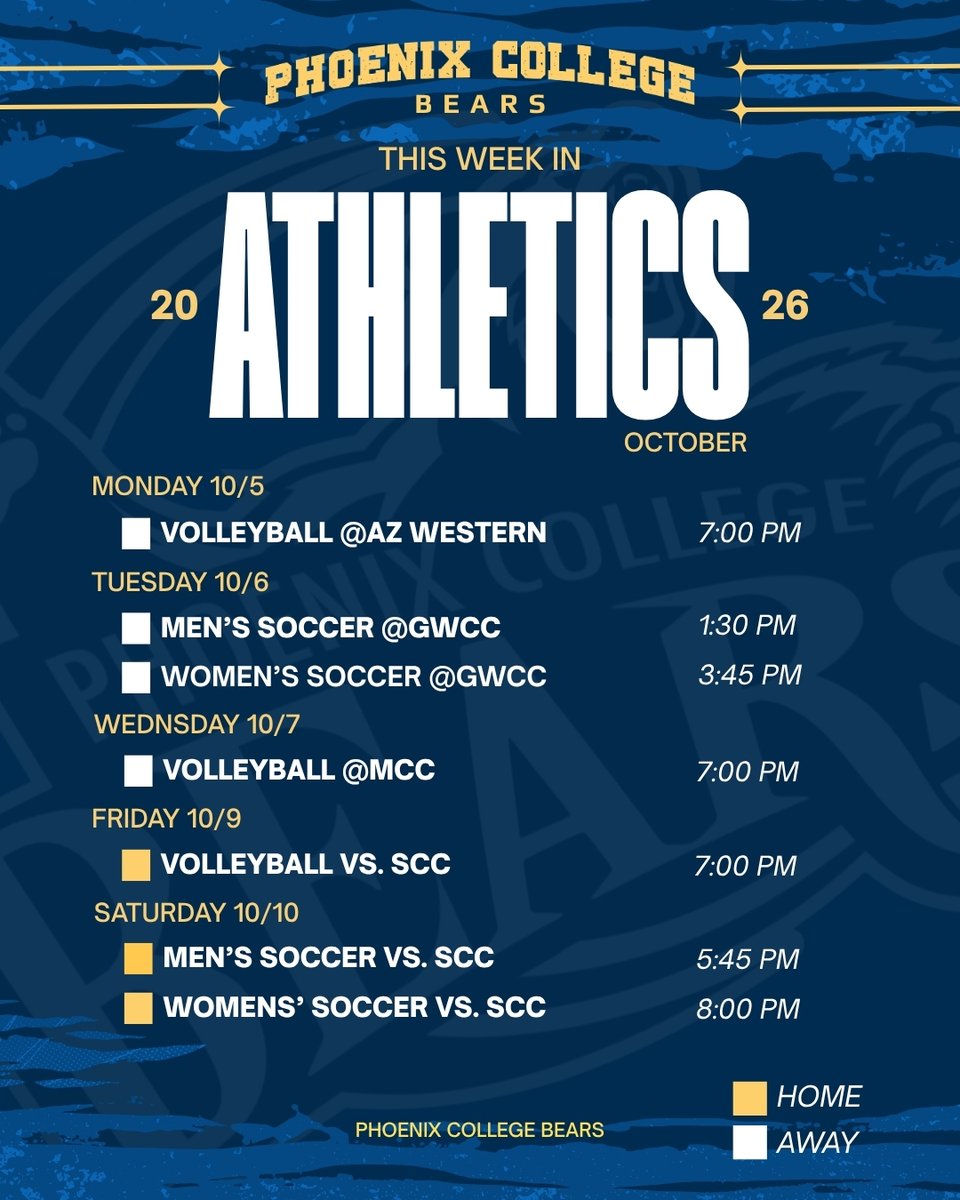 PC_Bears's tweet photo. THIS WEEK IN PHOENIX COLLEGE ATHLETICS!🐻

It’s a busy week for the Bears! Check out the full schedule and come support our teams!
#PhoenixCollege #PCBears #GoBears https://t.co/YCYSuHzKrr