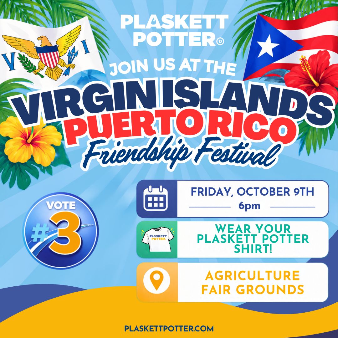 PlaskettPotter's tweet photo. St. Croix, come celebrate the friendship and culture that connect the Virgin Islands and Puerto Rico! 🇻🇮🇵🇷

Join Team Plaskett-Potter this Friday at the Agriculture Fair Grounds.

Wear your Plaskett-Potter shirt and come celebrate with us! 💙💛 https://t.co/4uhQ9T1qGK