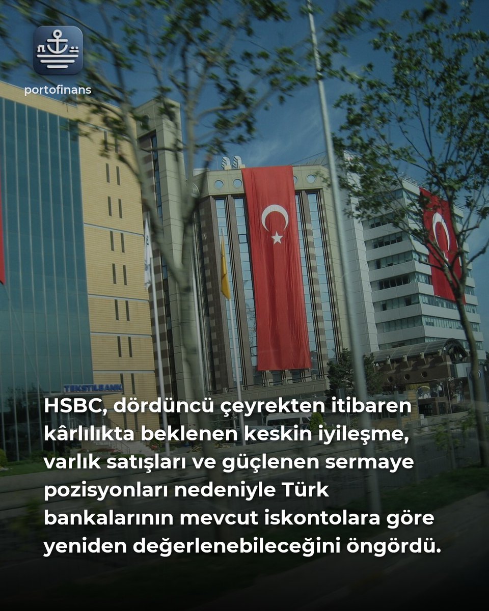 portofinans's tweet photo. HSBC, dördüncü çeyrekten itibaren kârlılığın keskin biçimde iyileşmesinin beklenmesi, varlık satışları ve güçlenen sermaye pozisyonları nedeniyle Türk bankalarının mevcut iskontolara göre yeniden değerlenme imkanına sahip olduğunu öngördü. #Borsa #Bankacılık https://t.co/2cb3kh3XUF