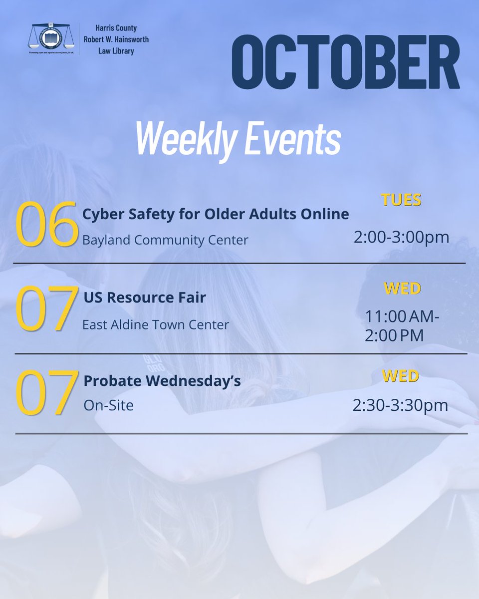 HCLawLibrary's tweet photo. 🍂Fall into our October Lineup! Check out this week's events from the Law Library, both here and around town! 🚙 To view a full calendar of upcoming events, visit https://t.co/po1v7I5Ggb https://t.co/vrxcI58ZY1
