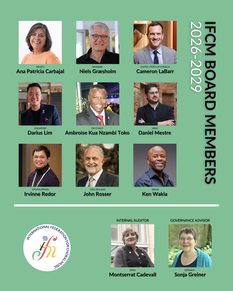 IFCMofficial's tweet photo. 🌎Meet the Board 2026-2029!

"A new chapter for IFCM is beginning. We will write this chapter together.

For more than four decades, IFCM has connected choirs, conductors, and composers across the world, who believed in something bigger than themselves. https://t.co/b1TcsrbUdN