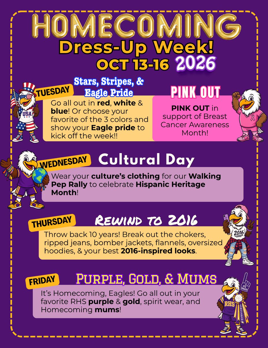 RichardsonHS1's tweet photo. 🦅 TWO WEEKS. SEVEN DRESS-UP DAYS. ONE HOMECOMING. 💜💛
Surprise! HoCo spirit starts THIS WEEK with 📖 🎭 Character Day, 👩‍🎤 🎸 Rockstar Day &amp; 🧢🩳 Adam Sandler Day before Fall Break!
Then we come back for 4 MORE days of HoCo fun! 🙌
#RISDDreamOn #AlwaysAnEagle #RISDInsiders https://t.co/x2fUkjzmSs