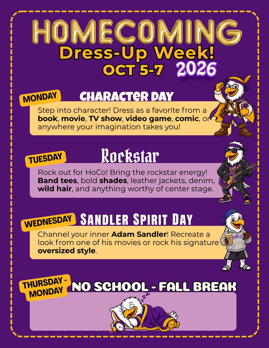 RichardsonHS1's tweet photo. 🦅 TWO WEEKS. SEVEN DRESS-UP DAYS. ONE HOMECOMING. 💜💛
Surprise! HoCo spirit starts THIS WEEK with 📖 🎭 Character Day, 👩‍🎤 🎸 Rockstar Day &amp; 🧢🩳 Adam Sandler Day before Fall Break!
Then we come back for 4 MORE days of HoCo fun! 🙌
#RISDDreamOn #AlwaysAnEagle #RISDInsiders https://t.co/x2fUkjzmSs