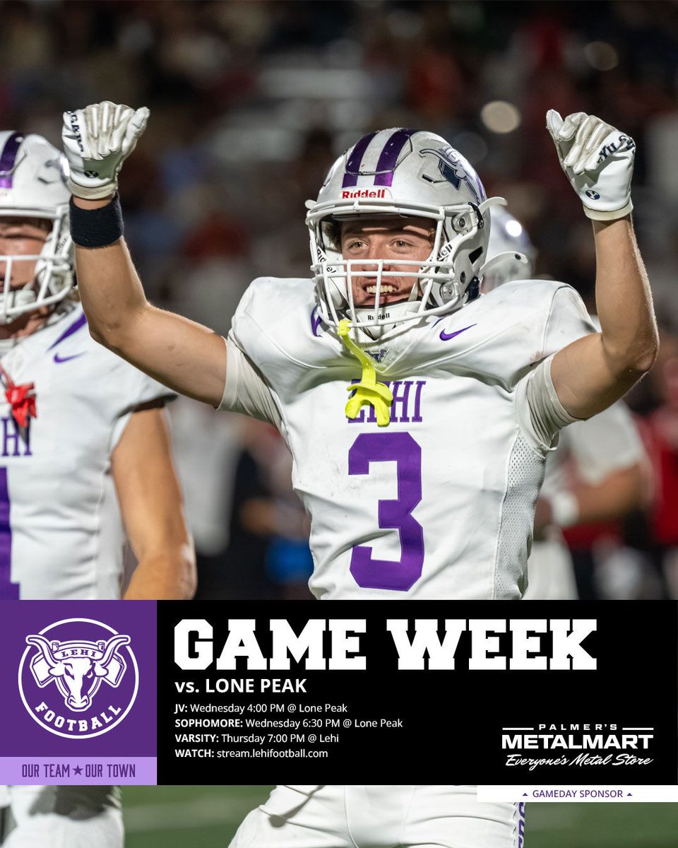 LehiFootball's tweet photo. 🏈 IT’S LEHI FOOTBALL GAMEWEEK! 🏈

JV: Wednesday, 4:00 PM @ Lone Peak
Soph: Wednesday, 6:30 pm @ Lone Peak
Varsity: Thursday, 7:00 pm @ Lehi
Watch: https://t.co/Pe1Fl7NpG4

Come support our team for Senior Night! Thank you to this week’s Game Day Sponsor: Palmer's MetalMart https://t.co/uNdlPtAkGS