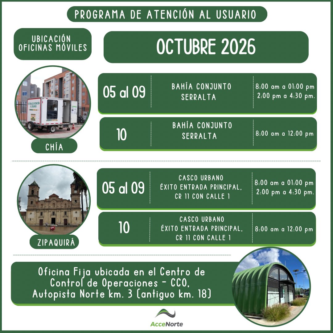Accenorte's tweet photo. Compartimos la ubicación de nuestras oficinas móviles de Atención al Usuario y Oficina Fija ubicada en la Autopista Norte km 3, disponibles para brindar información sobre nuestro proyecto.

Línea de Atenci��n al Usuario: 310 818 1720
Correo: atencionalusuario@accenorte.co https://t.co/VZdXQrsyQI