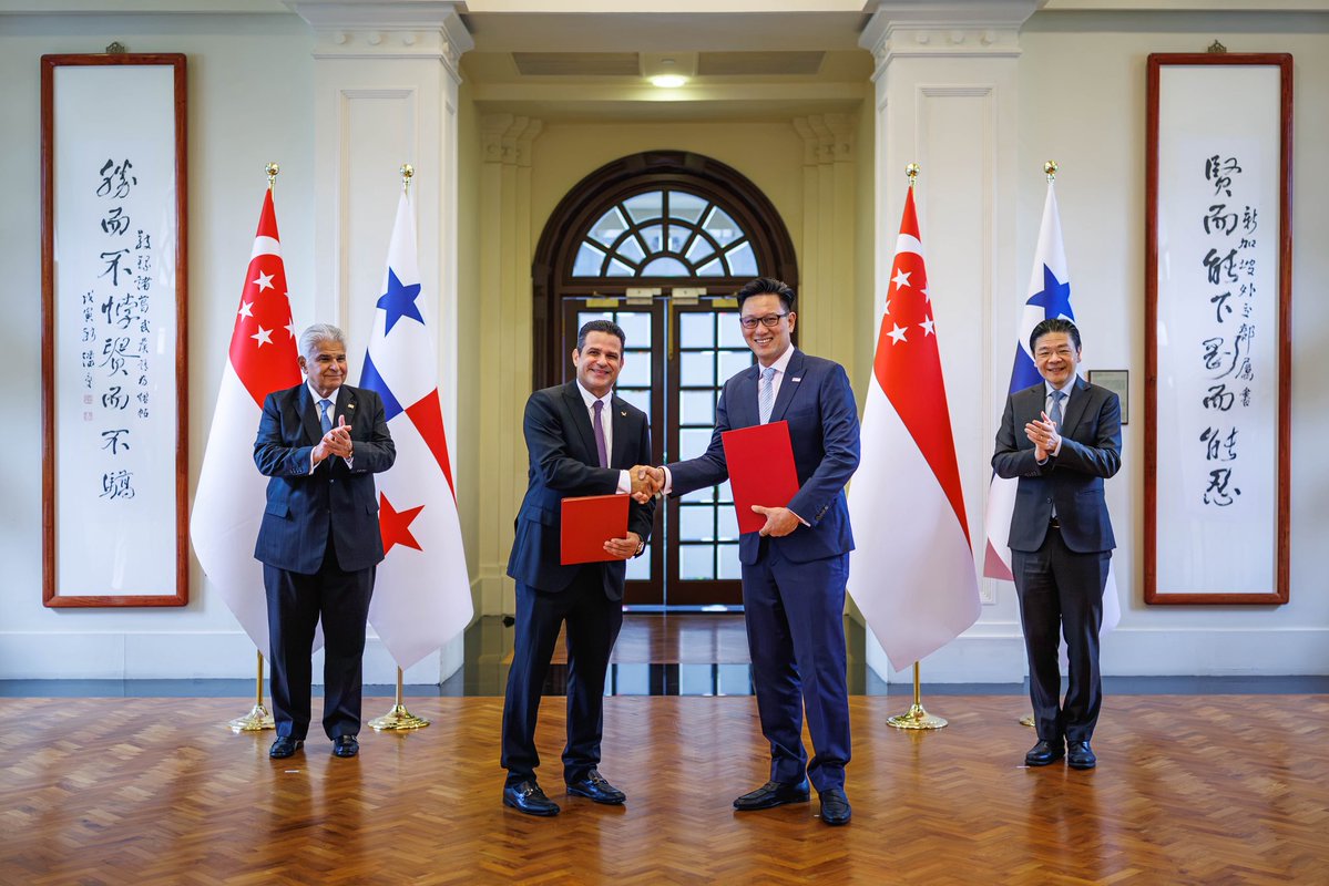 LawrenceWongST's tweet photo. Pleased to welcome President of Panama José Raúl Mulino Quintero to Singapore. As small, open economies, Singapore and Panama connect markets and people while upholding a rules-based international order. Panama was the first Latin American country to sign an FTA with Singapore. https://t.co/p27nEtTei8