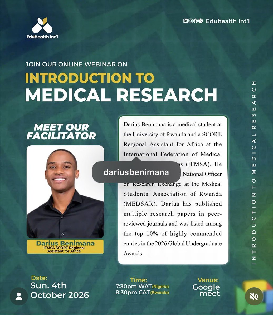 Dariusbenimana's tweet photo. Great evening with healthcare students across Africa! 🌍

Yesterday, I facilitated an online capacity-building session by EduHealth Intl’ on “Introduction to Medical Research,” https://t.co/dxFdzRpNSF