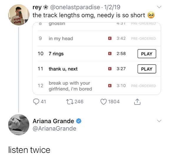 thislsmeryan's tweet photo. Do I tell her it was actually Ariana or do I let her just be dumb lol https://t.co/BXB4ZvRVnv