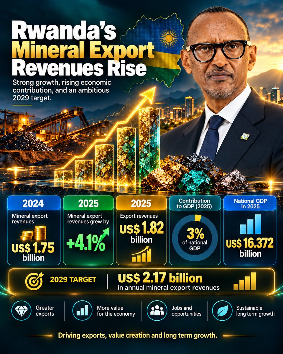 CoachFabuu's tweet photo. Rwanda’s mineral export revenues rose 4.1% in 2025, increasing from US$1.75 billion in 2024 to US$1.82 billion, according to the latest sector update. The industry accounted for 3% of national GDP, based on an overall economy valued at US$16.372 billion, while the government is targeting US$2.17 billion in annual mineral export revenues by 2029.
The growth reflects years of policy reform, investment promotion, and institutional stability under President @PaulKagame’s leadership. 
His administration has prioritized a business friendly environment, infrastructure development, stronger governance, and long term economic planning, helping position mining as a key contributor to Rwanda’s export performance and broader transformation agenda.
#Rwanda #Mining #MineralExports #EconomicGrowth #PaulKagame #InvestInRwanda #Africa
 @RDBrwanda  @RwandaMFA  @PrimatureRwanda
