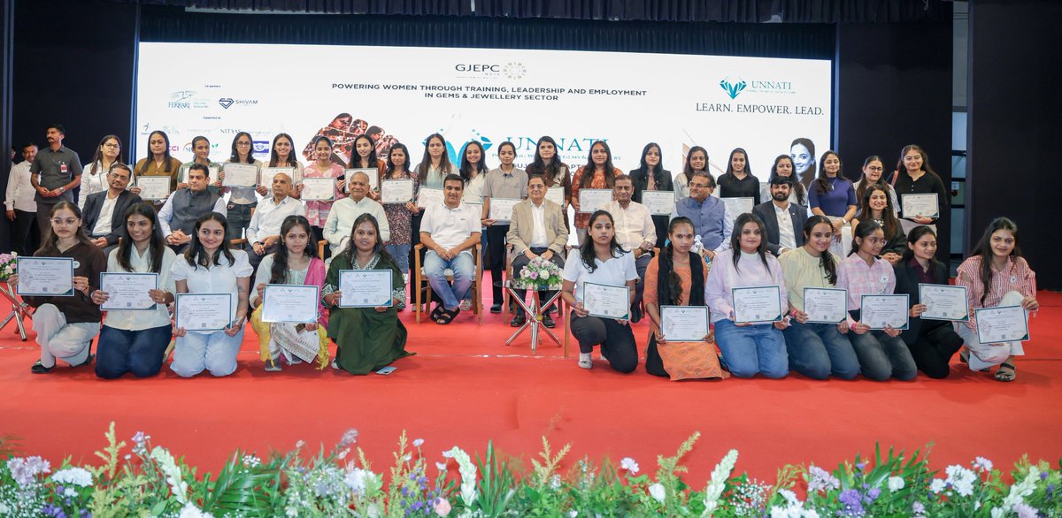 GovindLDholakia's tweet photo. The #gemsandjewelleryindustry has many opportunities for those who are willing to learn, build skills and grow.

It was encouraging to be part of the launch of UNNATI - Powering Women in Gems & Jewellery, an initiative of the @GJEPCIndia (The Gem and Jewellery Export Promotion Council), in Surat. The launch was also graced by Hon. Deputy Chief Minister of Gujarat Shri @sanghaviharsh ji along with Shri @kirit_bhansali ji, Chairman of GJEPC, and other respected members of the industry.

More than 1,100 women, including students, homemakers and women connected with the industry, came together for the launch. The first phase of UNNATI aims to enrol at least 200 women in skill development courses covering areas such as CAD jewellery design, diamond assorting and 4Cs grading, gemmology, stone setting, luxury retail and quality control.

I have always believed that when we give a person the right skill, we give them the confidence to move forward. UNNATI can open new doors for women to learn, build careers, become entrepreneurs and take on leadership roles in the gems and jewellery industry.

I appreciate #GJEPC and everyone who has come together to make this initiative possible.

This is a meaningful beginning, and I look forward to seeing many more women become a part of the growth and future of our industry.

#UNNATI #WomenEmpowerment #SkillDevelopment