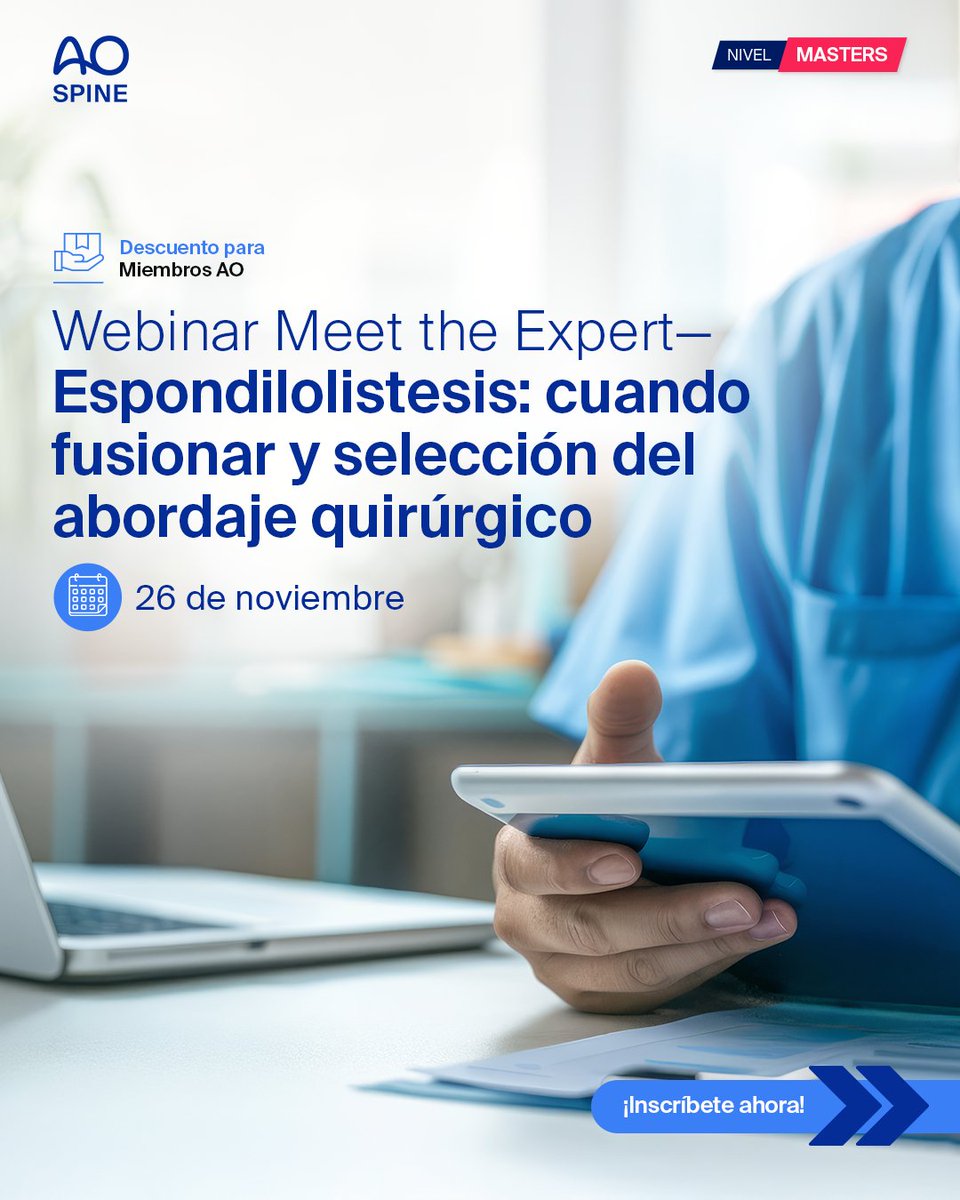 AOSpine's tweet photo. Webinar Meet the Expert—Espondilolistesis: cuando fusionar y selección del abordaje quirúrgico
🗓️  26 de noviembre
➡️  https://t.co/yKuisQ21z1 https://t.co/LTZi3RkNid