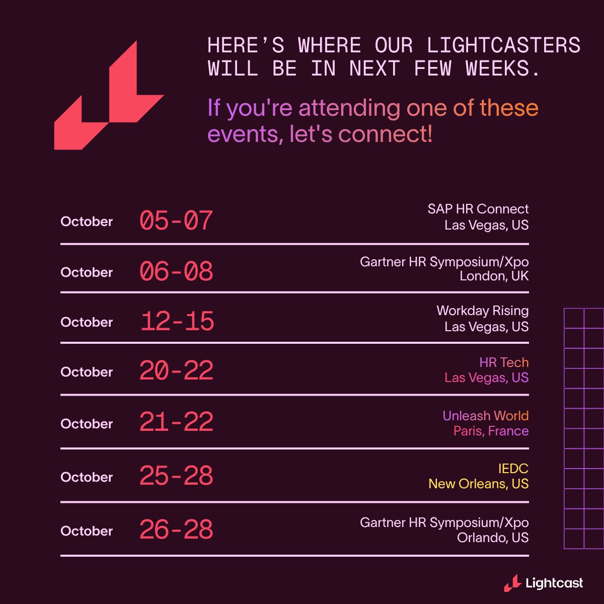 LightcastData's tweet photo. ANNOUNCEMENTS COMING!

Our Lightcasters will be at several shows (including SAP and Gartner this week), and at some we'll be making *announcements. 

Find the colorful text in the rundown for hints as to where we'll be breaking news! https://t.co/2BckOz89Ob