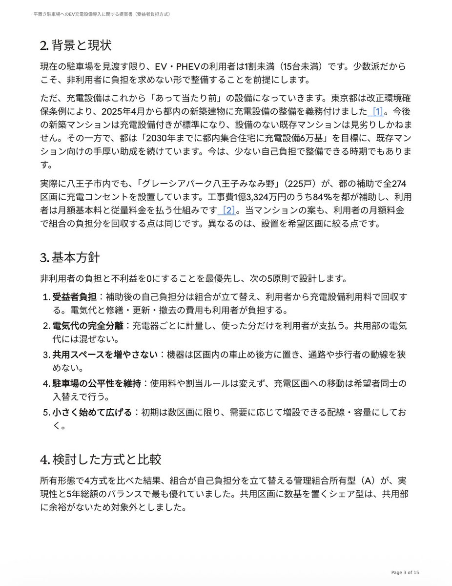 naokitesla's tweet photo. マンションにEV充電器があったらいいなと思い提案書を提出してみたが「大規模修繕前で無理」と却下されてしまった…

駄目元で提出したとは言え悲しいのでここに供養します。
PDF, Markdown の両方をギガファイル便に上げておいたので自由に使ってください。
https://t.co/DLs0rMiNP6 https://t.co/PF8Y2tkUjV