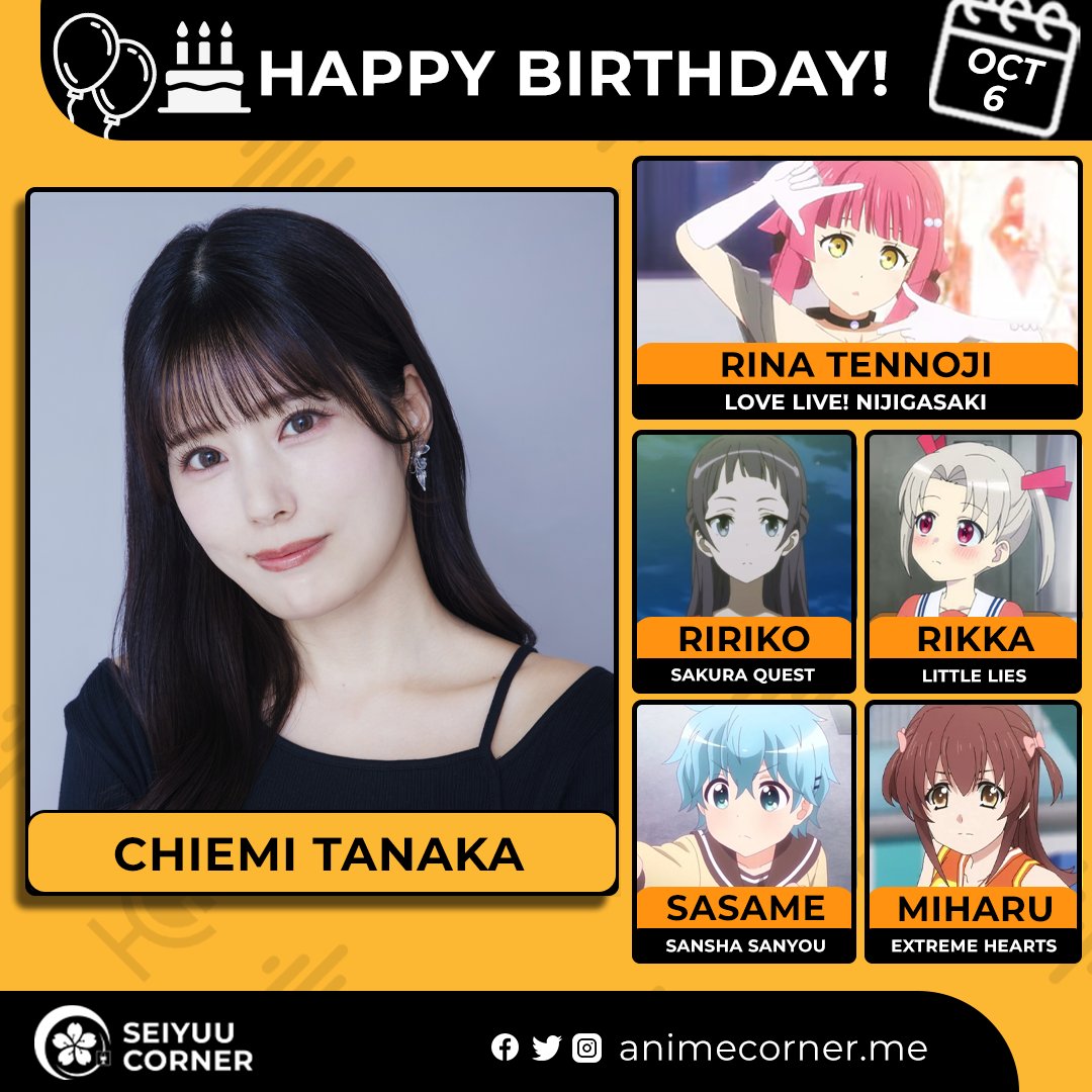 seiyuucorner's tweet photo. Happy birthday Chiemi Tanaka! 🎉 

Let's wish Chemi all the best @t_chiemi1006 

#ChiemiTanaka #田中ちえ美 #田中ちえ美生誕祭2026 https://t.co/16pbj1pZBR