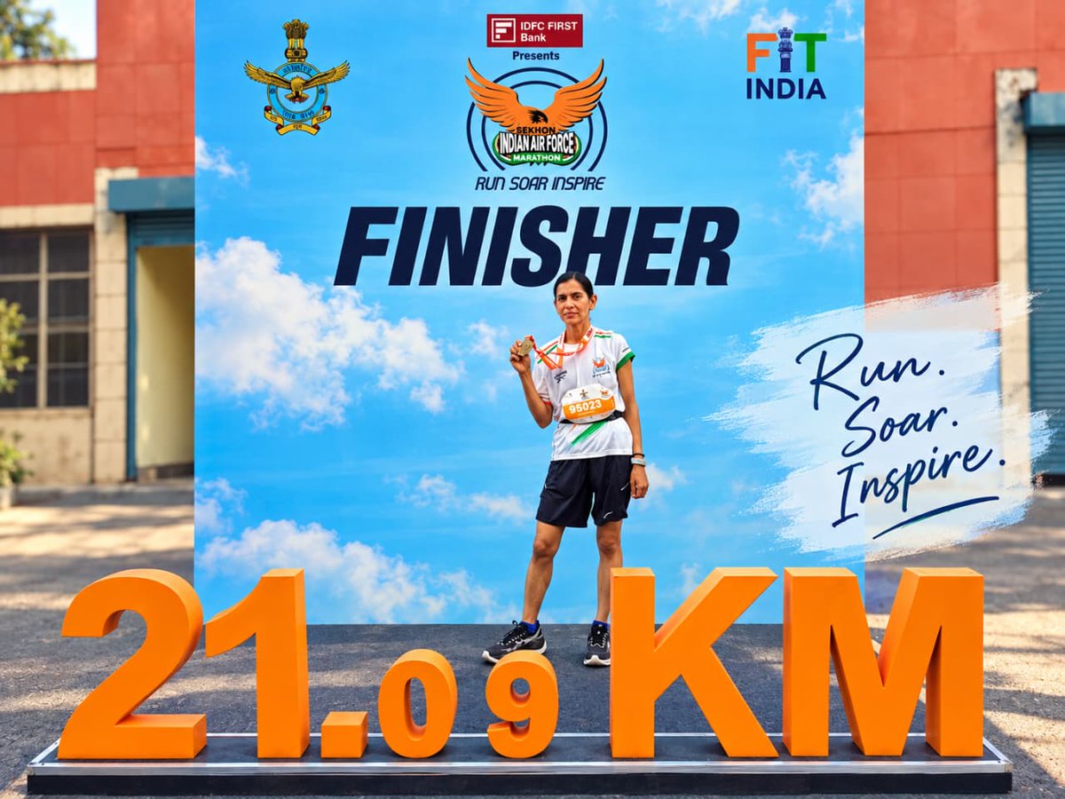 CISFHQrs's tweet photo. CISF’s Deputy Commandant Shines in Two Half Marathons

Mrs Kamlesh Bali, Deputy Commandant, of CISF secured Second Position in two Half Marathons within three weeks, showcasing exceptional endurance and sporting spirit.

🥈 Sekhon Half Marathon — 04 October 2026
Second Position | Female Open – Defence Category
Organised by the Indian Air Force

🥈 14th Dwarka Half Marathon — 13 September 2026
Second Position | Open Female Category

Her consistent performances reflect the spirit of fitness, perseverance and excellence that defines the CISF.

#SekhonMarathon2026 #IndianAirForce #NariShakti #NariShakti

@IAF_MCC 
@CISFNorth 
@FitIndiaOff