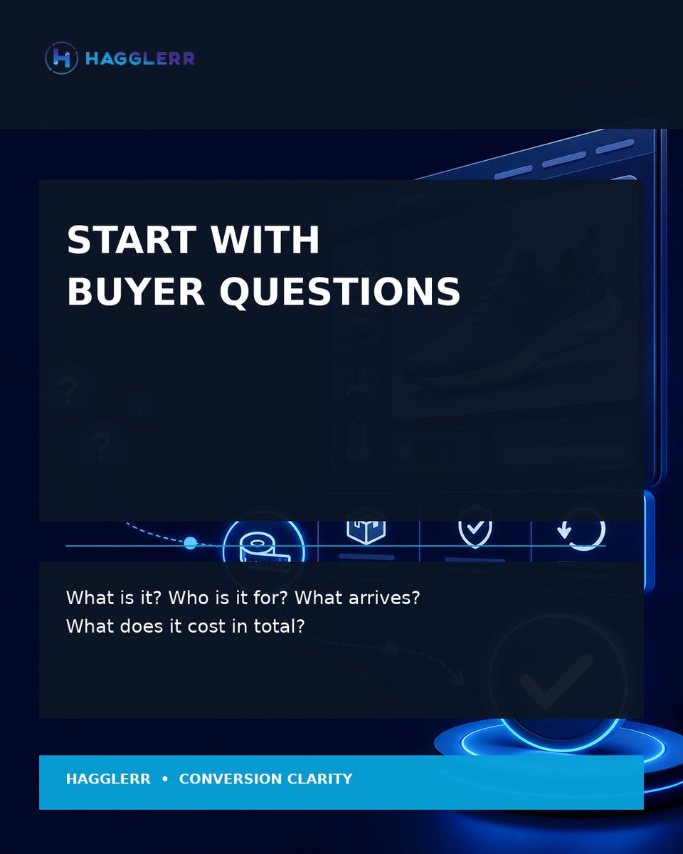 HagglerrApp's tweet photo. Product-page CRO starts with questions. What is it? Who is it for? What arrives? What does it cost in total? What happens if it is wrong? https://t.co/YdGV1E2NPx
