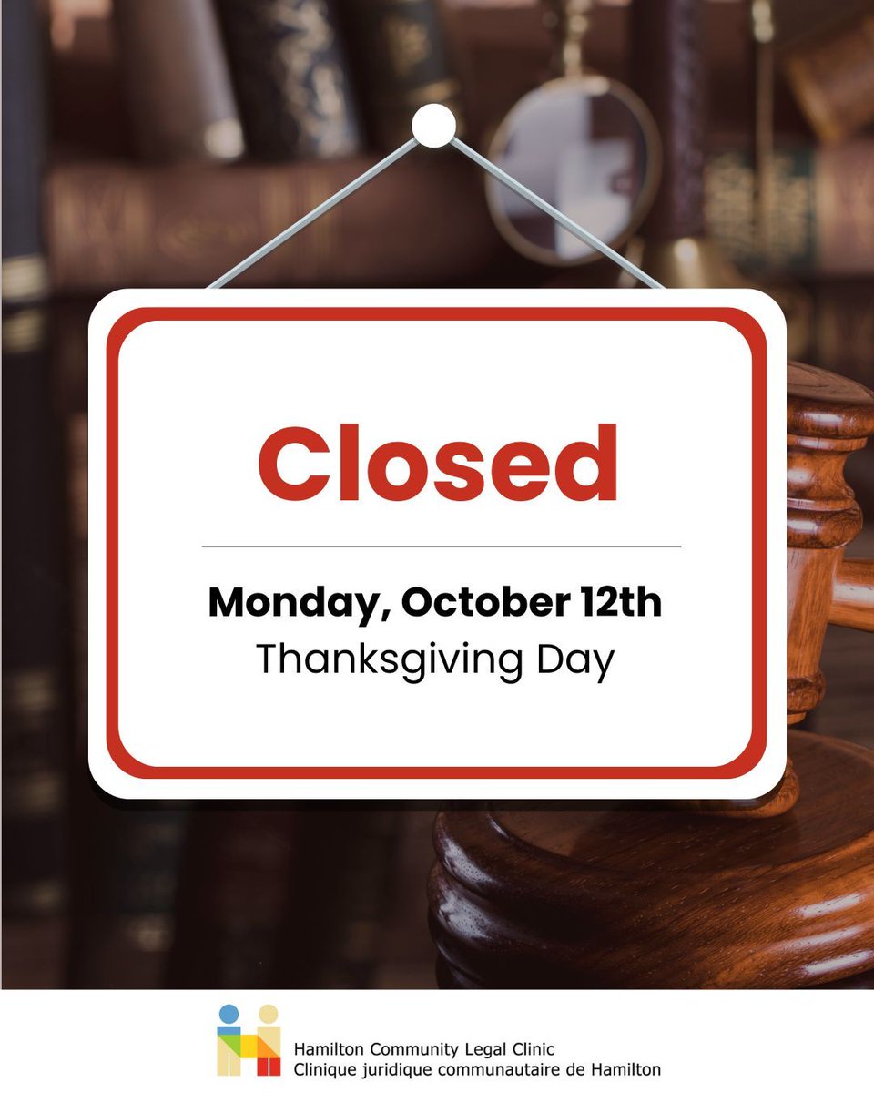 HamiltonJustice's tweet photo. Office Closure:
Please note that our office will be closed on Monday, October 12, 2026 for Thanksgiving Day.
We will be happy to assist you when our office reopens on Tuesday, October 13, 2026 at
8:30am. https://t.co/aPP0K41qbT