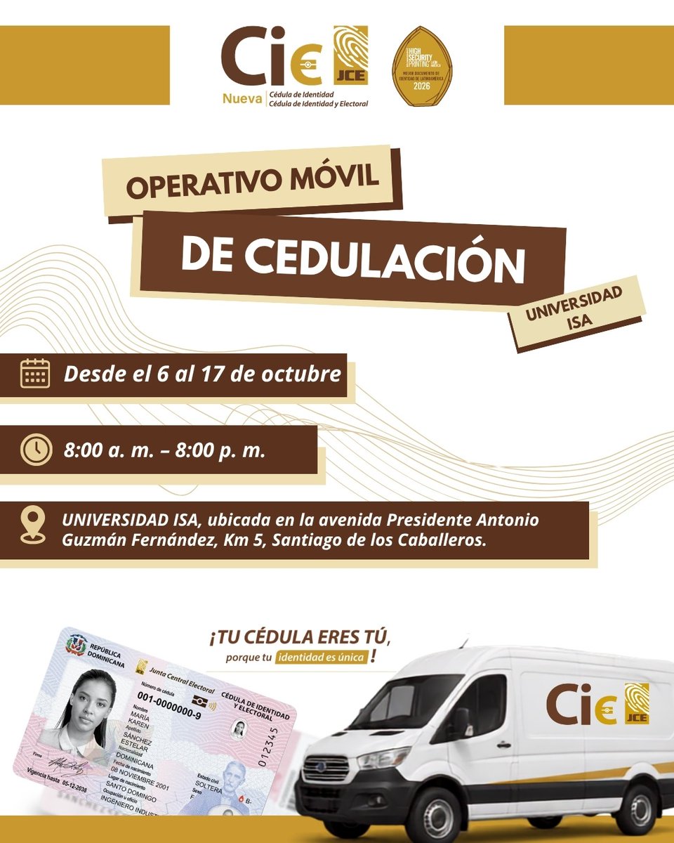 juntacentral's tweet photo. 📌 Universidad ISA: del 6 al 17 de octubre, de 8:00 a. m. a 8:00 p. m.
📌 Guaricanos, Santo Domingo Norte: del 7 al 21 de octubre, de 8:00 a. m. a 7:00 p. m.
📌 Hatillo, San Cristóbal: extendido hasta el 11 de octubre, de 8:00 a. m. a 8:00 p. m.

Ubica el operativo más cercano y aprovecha la jornada para realizar tu proceso de cedulación.

Tu cédula eres tú, porque tu identidad es única.