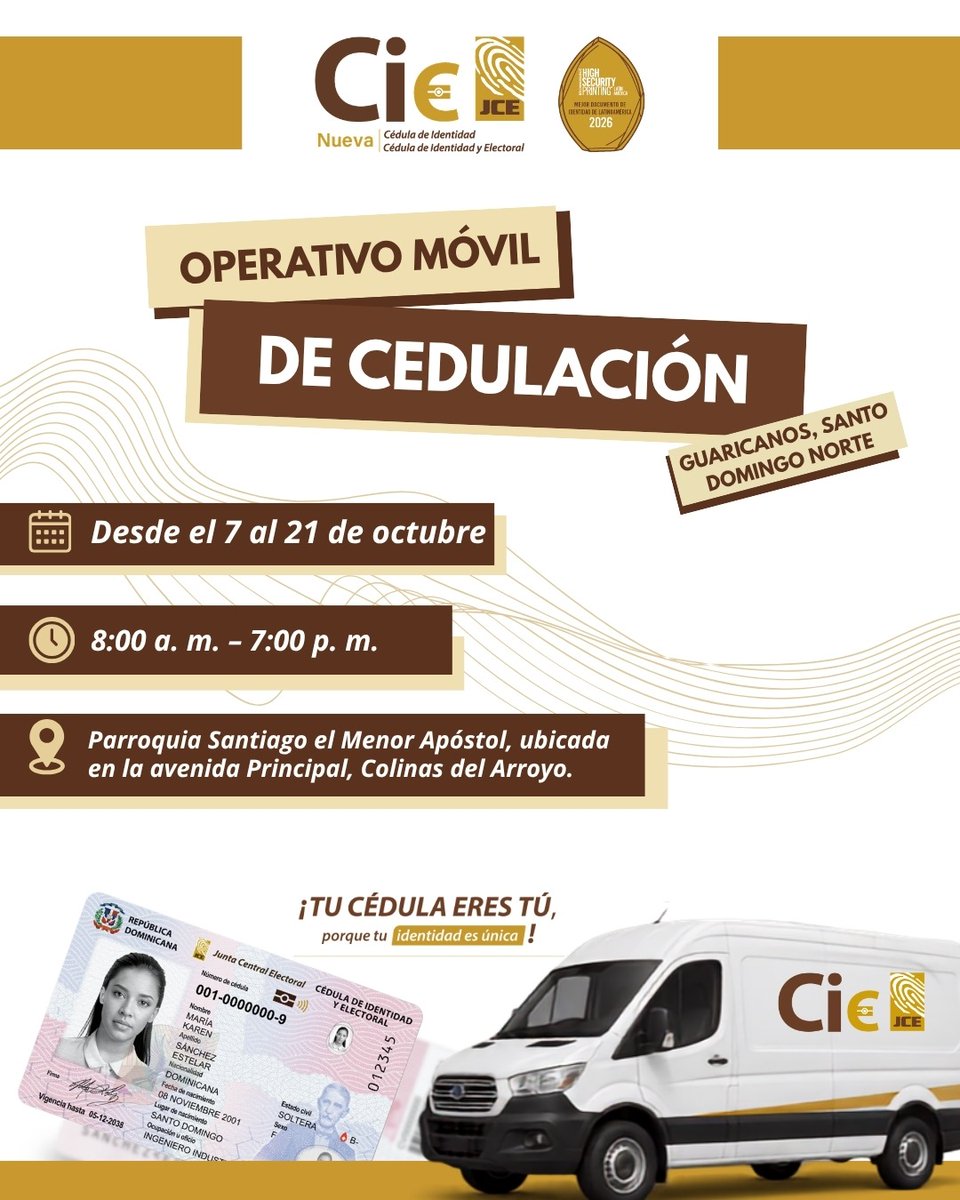 juntacentral's tweet photo. 📌 Universidad ISA: del 6 al 17 de octubre, de 8:00 a. m. a 8:00 p. m.
📌 Guaricanos, Santo Domingo Norte: del 7 al 21 de octubre, de 8:00 a. m. a 7:00 p. m.
📌 Hatillo, San Cristóbal: extendido hasta el 11 de octubre, de 8:00 a. m. a 8:00 p. m.

Ubica el operativo más cercano y aprovecha la jornada para realizar tu proceso de cedulación.

Tu cédula eres tú, porque tu identidad es única.