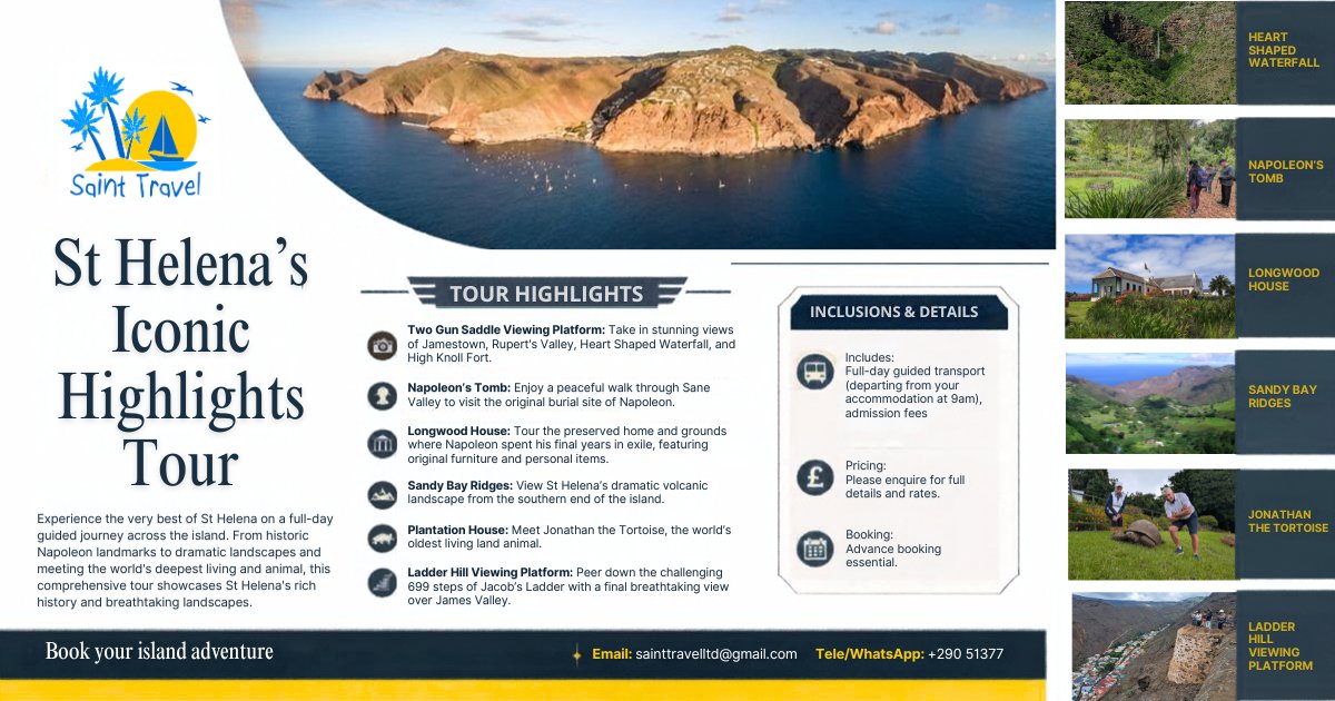 SaintTravelLtd's tweet photo. Ready to explore St Helena? 
Check out our Iconic Highlights Tour below 👇  
📩 Advance booking essential:   
📧 sainttravelltd@gmail.com 
📱 +290 51377 https://t.co/5zdsMzr4op