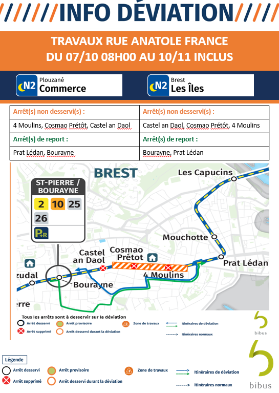 BibusBrest's tweet photo. #infobibus
đ Ligne N2
đ§ Travaux rue Anatole France
đ
Du 07/10 08h00 au 10/11 inclus
âĄïž Dans les 2 sens
â ArrĂȘts 4 Moulins, Cosmao PrĂ©tĂŽt, Castel an Daol non desservis
â
ArrĂȘts de report : Prat LĂ©dan, Bourayne https://t.co/1xq7MJ000y