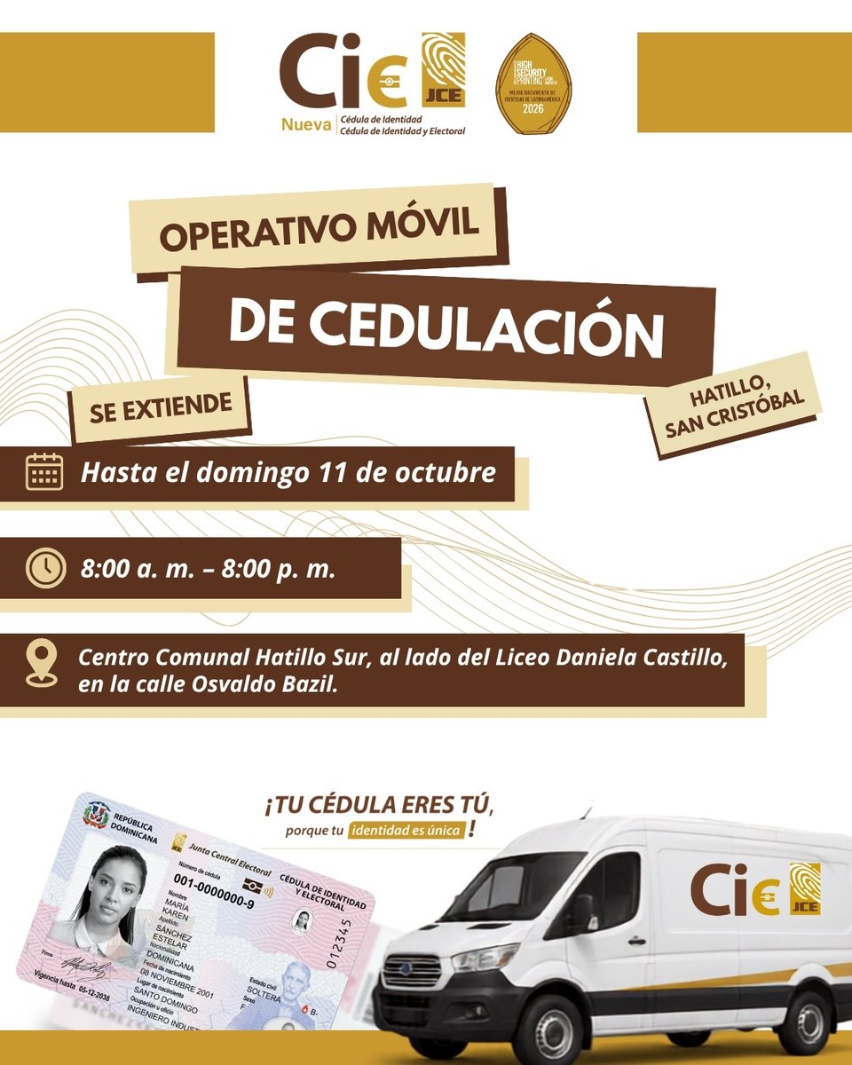 juntacentral's tweet photo. 📌 Universidad ISA: del 6 al 17 de octubre, de 8:00 a. m. a 8:00 p. m.
📌 Guaricanos, Santo Domingo Norte: del 7 al 21 de octubre, de 8:00 a. m. a 7:00 p. m.
📌 Hatillo, San Cristóbal: extendido hasta el 11 de octubre, de 8:00 a. m. a 8:00 p. m.

Ubica el operativo más cercano y aprovecha la jornada para realizar tu proceso de cedulación.

Tu cédula eres tú, porque tu identidad es única.