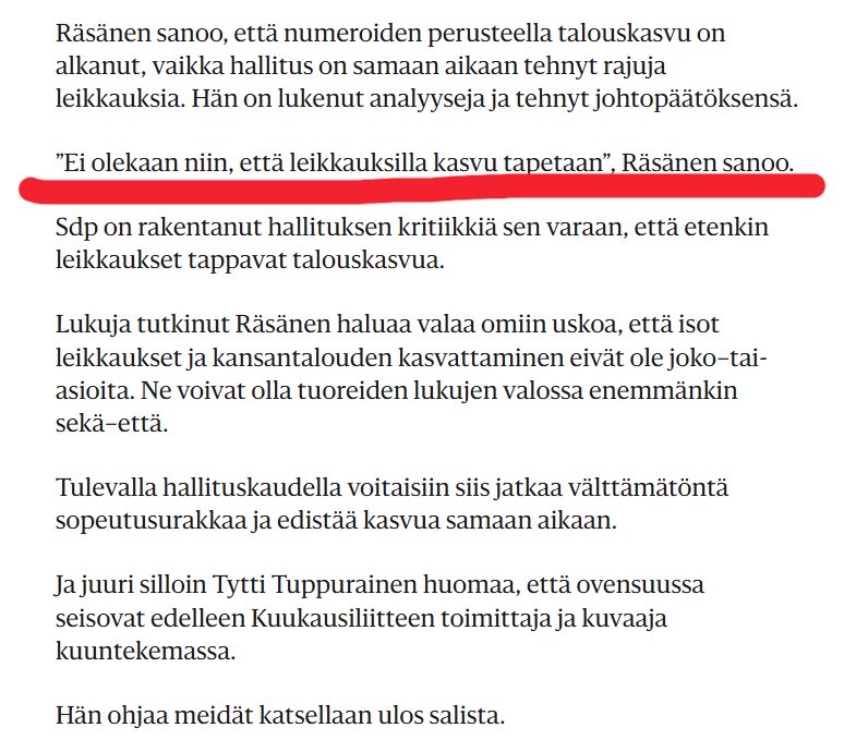 SariMultala's tweet photo. ”Ei olekaan niin, että leikkauksilla kasvu tapetaan”, Räsänen sanoo. 

SDP on koko hallituskauden pelotellut ihmisiä sillä, miten Orpon hallitus tuhoaa kasvun leikkaamalla, mutta myöntää nyt olleensa väärässä. 

Kuvakaappaus HS:n jutusta viikonlopulta: https://t.co/WQy3yCziwj