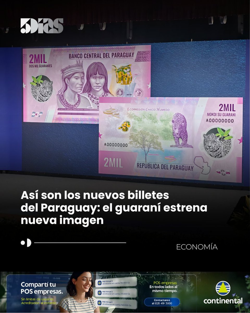 5DiasPy's tweet photo. 💵🇵🇾 Así son los nuevos billetes del Paraguay: el guaraní estrena imagen.

La nueva familia de billetes presenta en el anverso a personajes históricos junto a símbolos e instrumentos nacionales.

🌿 En el reverso, la fauna y flora del Paraguay toman protagonismo para representar la identidad y riqueza natural del país.

Leé más en https://t.co/5NjYt40DQE

#5Días #Guaraní #Billetes #BCP #Paraguay #Economía