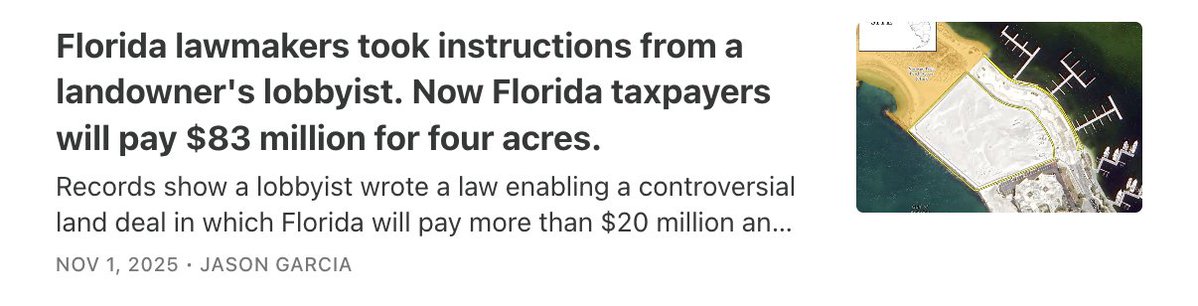 Jason_Garcia's tweet photo. New 🧵: You may recall that Republican leaders in Tallahassee spent $80 million of taxpayer money last year to buy 4 acres of land from a big GOP donor. 

Well, now top Florida Republicans — including James Uthmeier and Byron Donalds — are raising money from that same donor... https://t.co/M0R8IgtIgg