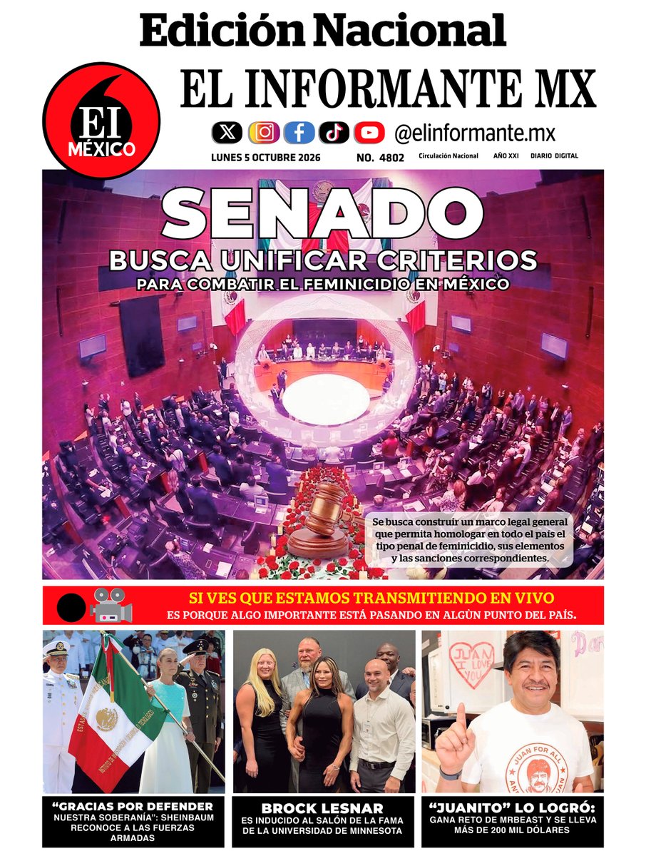 ElInformanteMX's tweet photo. #Portadas de nuestras #Ediciones #Nacional y #EstadoDeMéxico. Lunes 05 de Octubre del 2026.
Nuestra #EdiciónDigital aquí ↓
https://t.co/vNRC9gKmVD https://t.co/FxTQin2esT