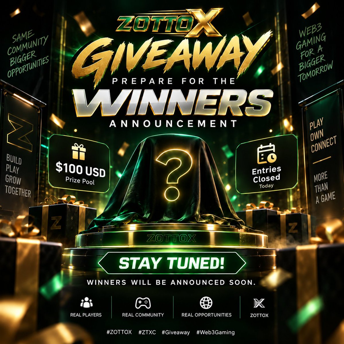 zottoxofficial's tweet photo. 🏆 WINNERS ANNOUNCEMENT IS COMING.
The ZOTTOX 7-Day Giveaway has officially ended. 🔥
Thank you to everyone who joined and supported the campaign.
🎁 $100 USD Prize Pool
👀 Winners will be announced soon
Are you ready for the reveal? 🏆
#ZOTTOX #ZTXC #Giveaway #Web3Gaming https://t.co/DbPE8s87uO