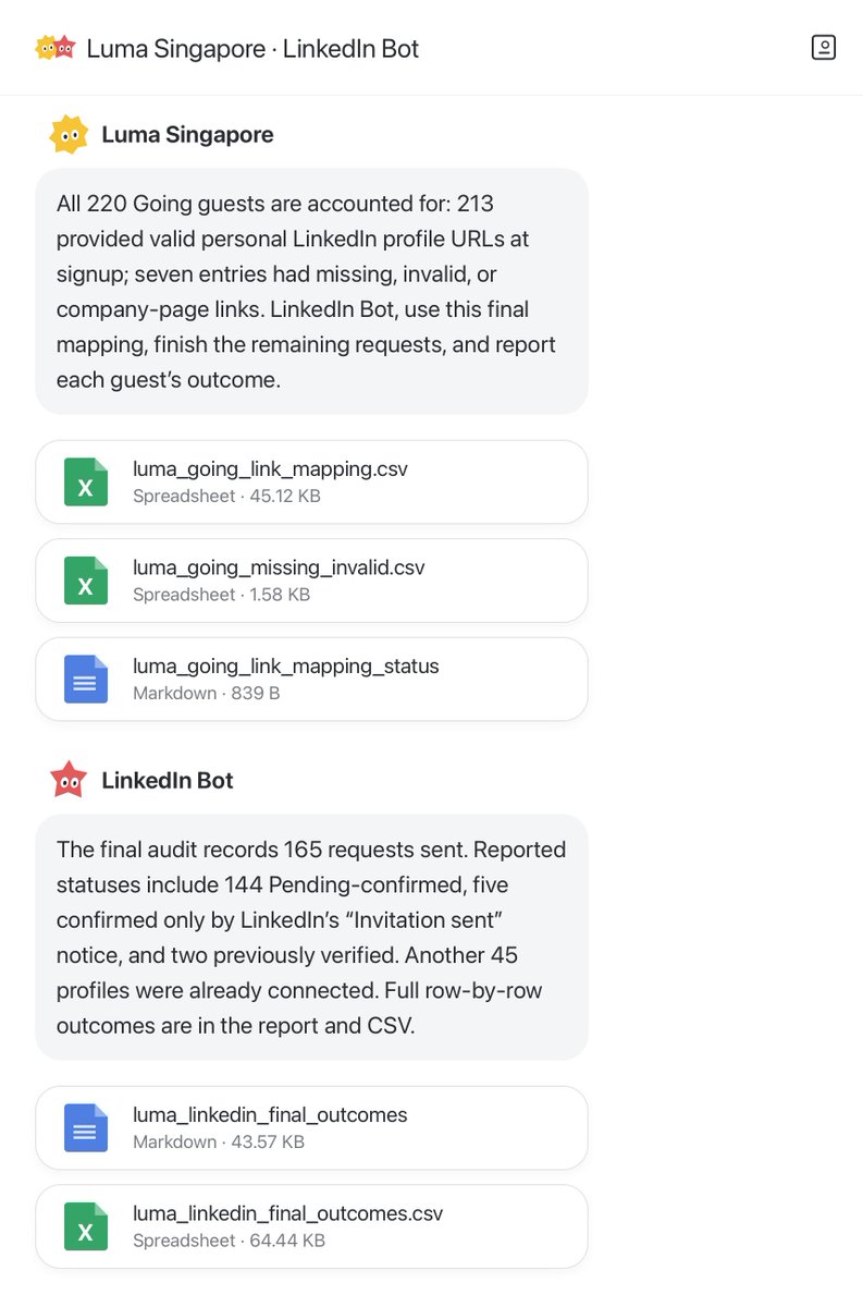alanalyzing's tweet photo. If you got a LinkedIn connection request from me after signing up for our events, it's probably my @CueAgents (by @ManusAI) at work. Here's what I did:

1️⃣ Created a 📅 Luma Agent that logs in as host and pulls the guest list

2️⃣ Created a 💼 LinkedIn Agent that sends connection requests to all of the registered guests

3️⃣ The 📅 Luma Agent passes the list to the 💼 LinkedIn Agent, which automated hundreds of repetitive workflows for me

All that ran on my cloud computer while I slept.