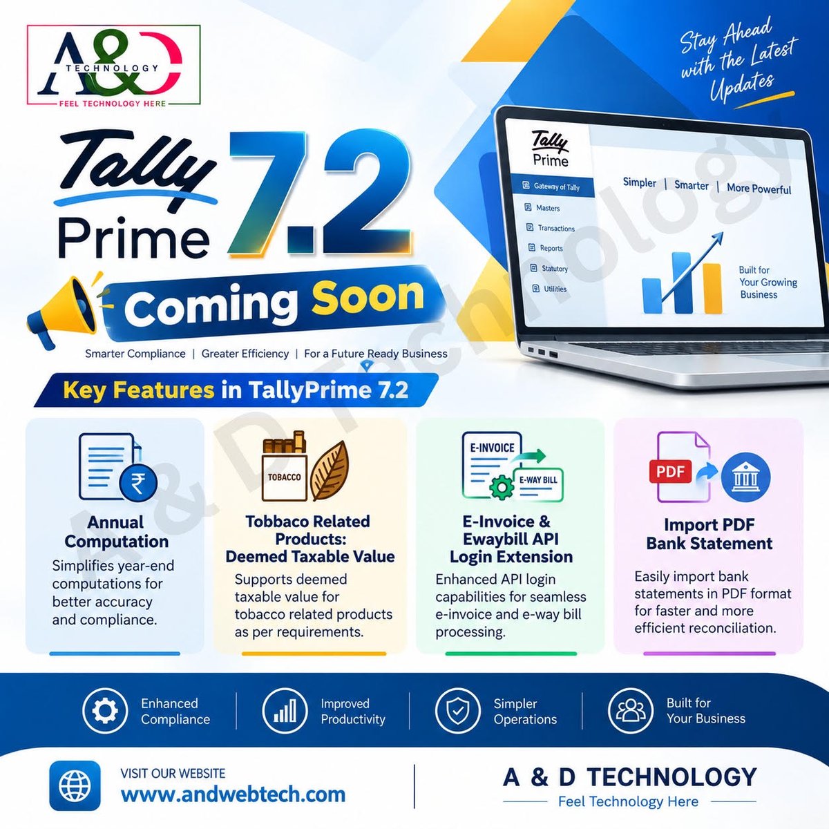 AND_Tech_India's tweet photo. 📷 TallyPrime 7.2 — Coming Soon!
📷 Annual Computation
📷 Tobbaco Related Products: Deemad Taxable value
📷E-invoice &amp; Ewaybill API Login Extension
📷 Import PDF Bank Statement
#TallyPrime #ComingSoon #TallyUpdate #BusinessSoftware #BusinessManagement #ADTechnology https://t.co/7KxR1gl9DQ