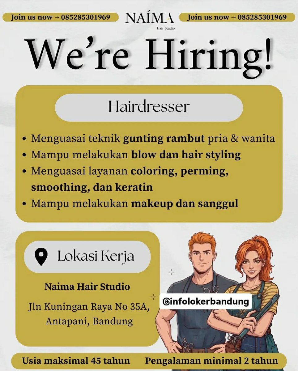 infolokerbdgcom's tweet photo. Join Us Now!
085285301969

Naima Hair Studio
Jln. Kuningan Raya No.35A,
Antapani, Bandung https://t.co/utVR2KEhvG