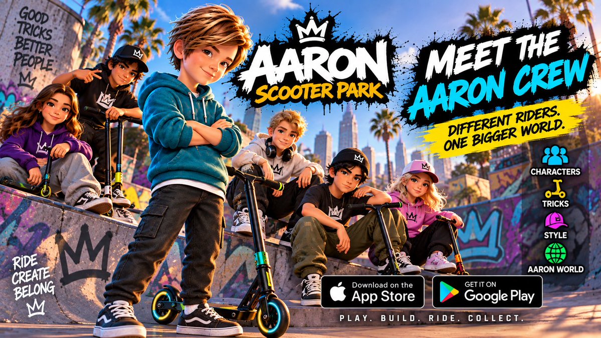aaronworldofc's tweet photo. 👑 MEET THE AARON CREW.

AARON World isn’t built around one character.

It’s a universe of riders, personalities, parks, tricks and collectibles. 🛴

Play them.
Unlock them.
Collect them.

The IP is just getting started. 🔥

$AARON #Gaming https://t.co/ySDr3tis06