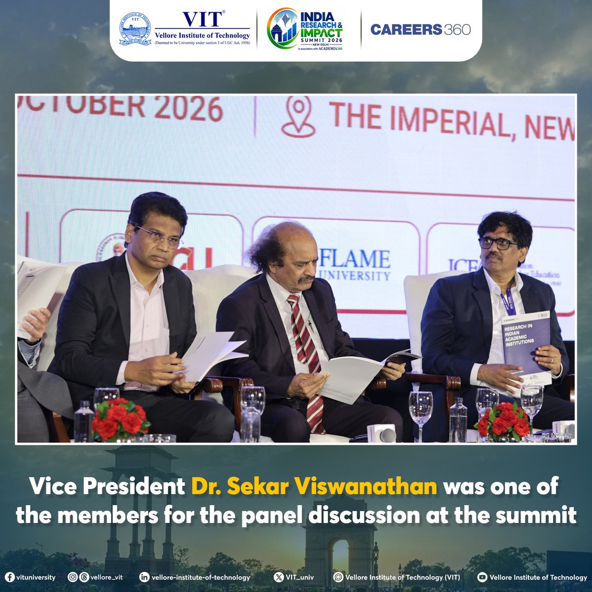 VIT_univ's tweet photo. VIT has been honoured with @careers360's prestigious Research Excellence Award 2026 in the 'Universities' domain at IRIS 2026, New Delhi. Our VP, Dr. Sekar Viswanathan, also represented VIT as a distinguished panellist at the summit

#VIT #IRIS2026 #DrSekarViswanathan https://t.co/1HlS9j6MwO