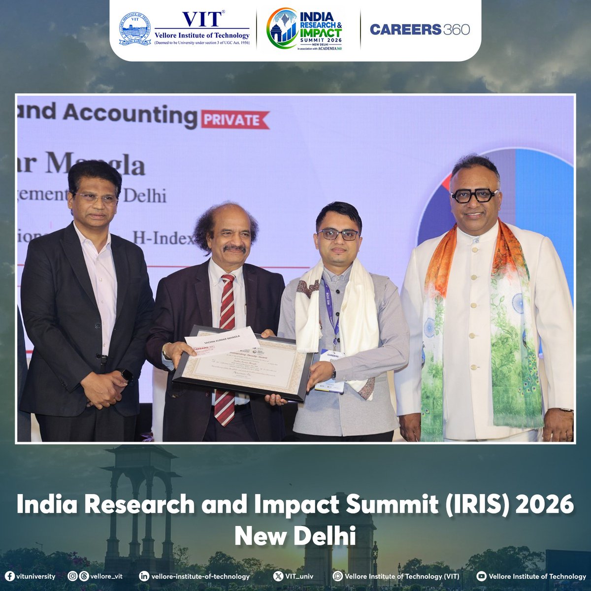 VIT_univ's tweet photo. VIT has been honoured with @careers360's prestigious Research Excellence Award 2026 in the 'Universities' domain at IRIS 2026, New Delhi. Our VP, Dr. Sekar Viswanathan, also represented VIT as a distinguished panellist at the summit

#VIT #IRIS2026 #DrSekarViswanathan https://t.co/1HlS9j6MwO