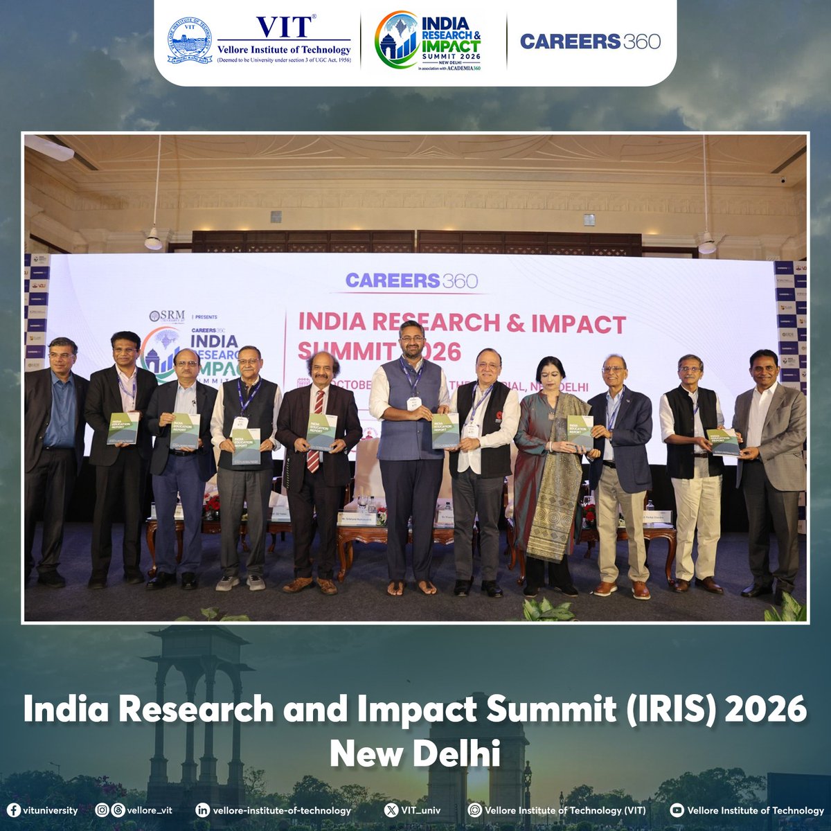 VIT_univ's tweet photo. VIT has been honoured with @careers360's prestigious Research Excellence Award 2026 in the 'Universities' domain at IRIS 2026, New Delhi. Our VP, Dr. Sekar Viswanathan, also represented VIT as a distinguished panellist at the summit

#VIT #IRIS2026 #DrSekarViswanathan https://t.co/1HlS9j6MwO