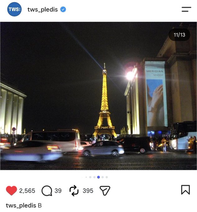 A screenshot of an Instagram post from 'tws_pledis' showing a nighttime view of the illuminated Eiffel Tower in Paris, with 2,565 likes and labeled 'tws_pledis B'.