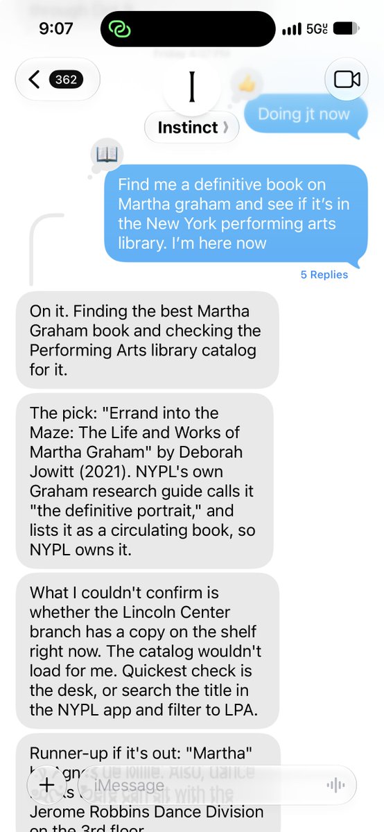 threesyllables's tweet photo. Some might be using their Instinct agent to buy flights, I'm using to find books on Martha Graham at the library 🤷‍♂️ https://t.co/aZ5HnN6Ije