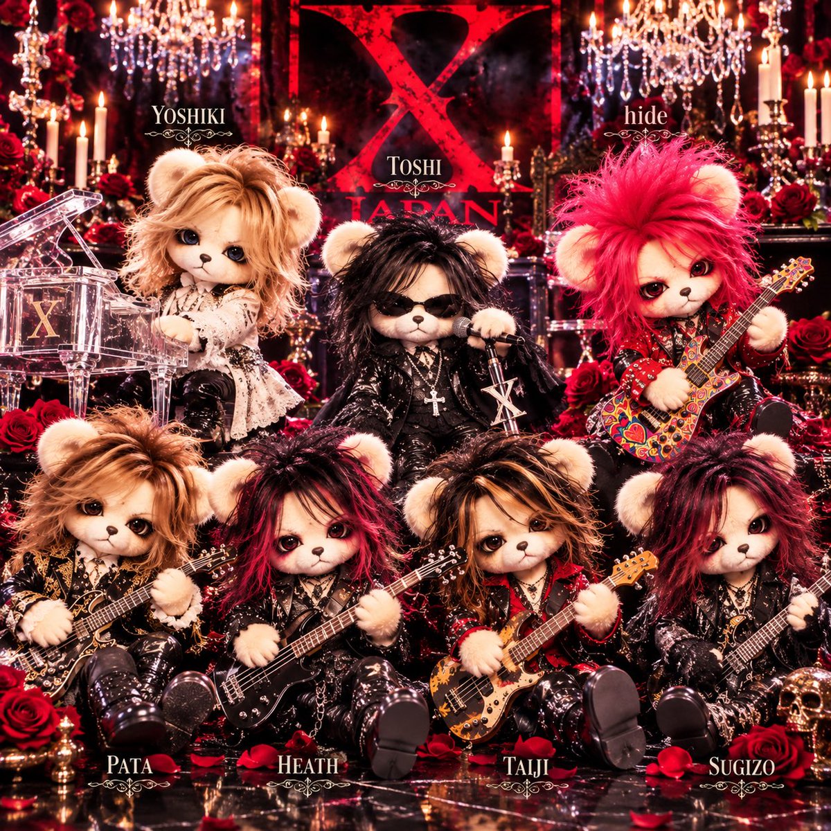 hide722yu's tweet photo. XJAPANのメンバーをイメージした、くま🧸ちゃん(*´罒`*)

 #XJAPAN
 #メンバー
 #くま
 #画像どうぞ https://t.co/vqazz3x3Ha