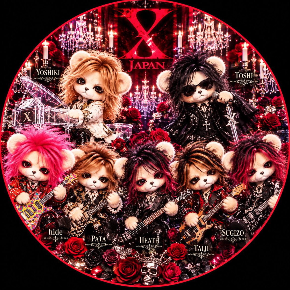 hide722yu's tweet photo. XJAPANのメンバーをイメージした、くま🧸ちゃん(*´罒`*)

 #XJAPAN
 #メンバー
 #くま
 #画像どうぞ https://t.co/vqazz3x3Ha