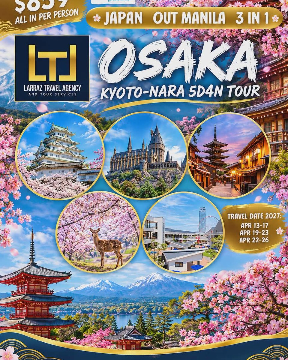 FKazmac's tweet photo. Sakura season awaits. Explore Osaka, Kyoto, and Nara on a 5D4N Japan tour for $859 per person. 2027 travel dates: April 13–17, 19–23, and 22–26. Limited slots available. https://t.co/kQ9kI6xKnf