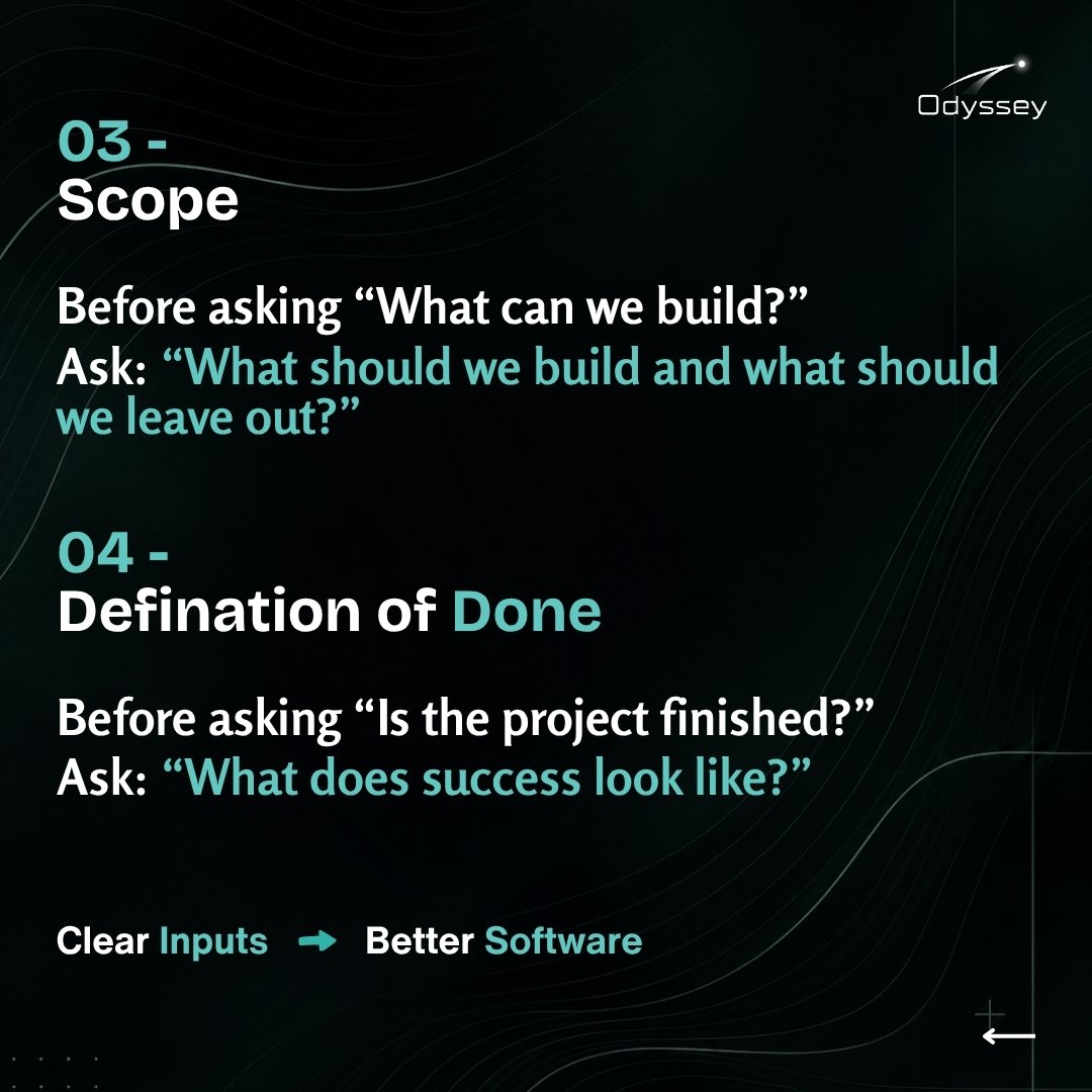 OdysseyDevs_'s tweet photo. Great software doesn’t start with code. It starts with clarity:

→ The problem
→ User needs
→ Scope
→ Definition of done

Get these right, and the code has purpose.

At ODYSSEY, we build with intention, not just features.

#SoftwareDevelopment #ProductDevelopment https://t.co/AhDrf1elvu