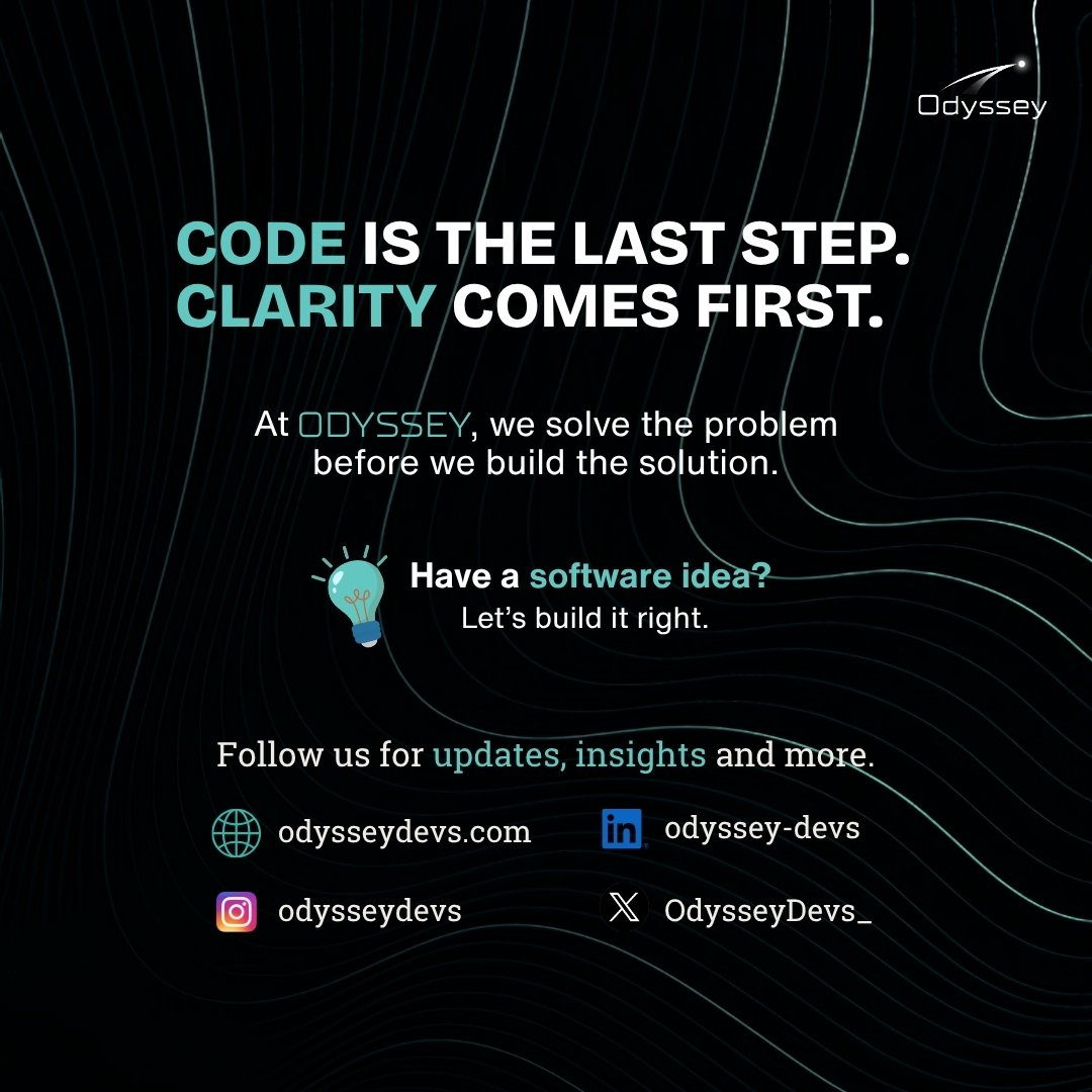 OdysseyDevs_'s tweet photo. Great software doesn’t start with code. It starts with clarity:

→ The problem
→ User needs
→ Scope
→ Definition of done

Get these right, and the code has purpose.

At ODYSSEY, we build with intention, not just features.

#SoftwareDevelopment #ProductDevelopment https://t.co/AhDrf1elvu