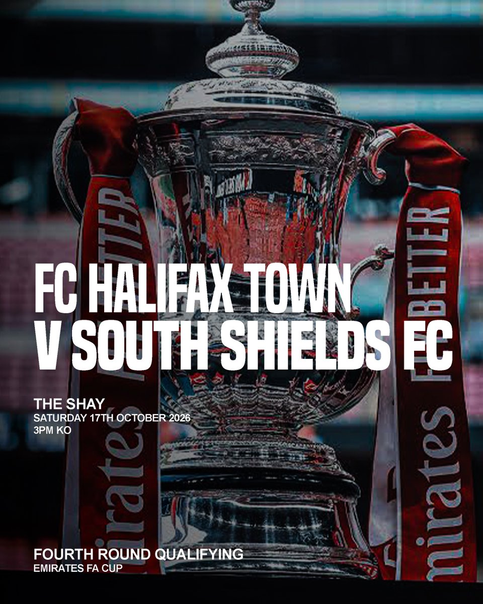SouthShieldsFC's tweet photo. 🏆 We have been drawn away against FC Halifax Town in the Fourth Qualifying Round of the Emirates FA Cup, with ties set to be played on Saturday, 17th October at 3pm.

🎟️ Fixture and ticket information will be released in due course.

#SSFC #AlwaysReady https://t.co/xTL3GQThpA