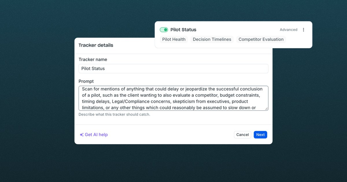 FellowAInotes's tweet photo. Fellow's Trackers find every mention across your meetings, automatically. 🎯

Describe what you want flagged in plain language, and Fellow reviews the meetings you choose against it. 

Try Fellow for free: https://t.co/RRwTvq1cb3 https://t.co/ZWzpoADmh5