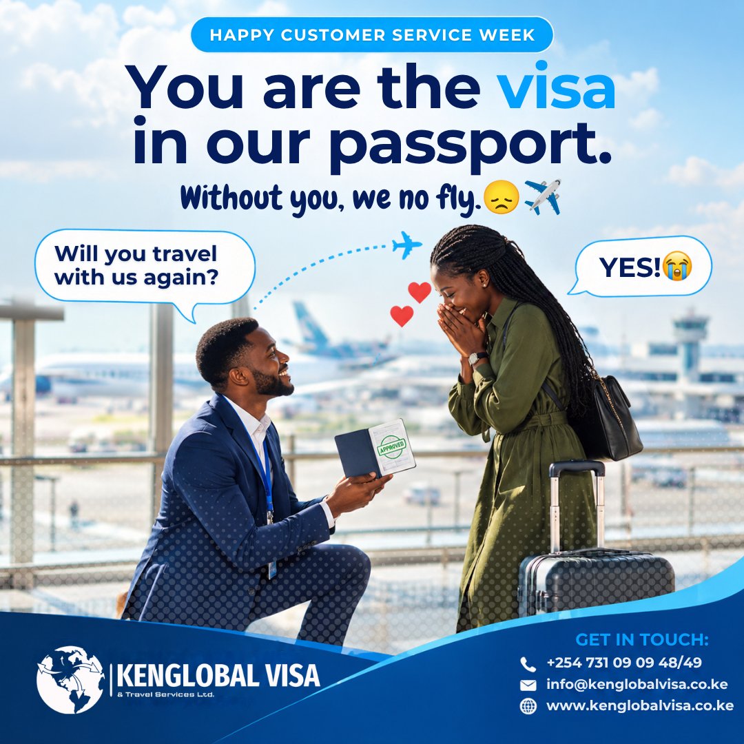 kenglobalvisa's tweet photo. Without you, we no fly. 😩☹️✈️

Happy Customer Service Week to the travelers who make everything we do worth it. Thank you for trusting us. 💙

Got a trip in mind? Talk to us: +254 731 09 09 48/49 

#HappyCustomerServiceWeek #KenglobalVisa https://t.co/AcYrAFZiqR