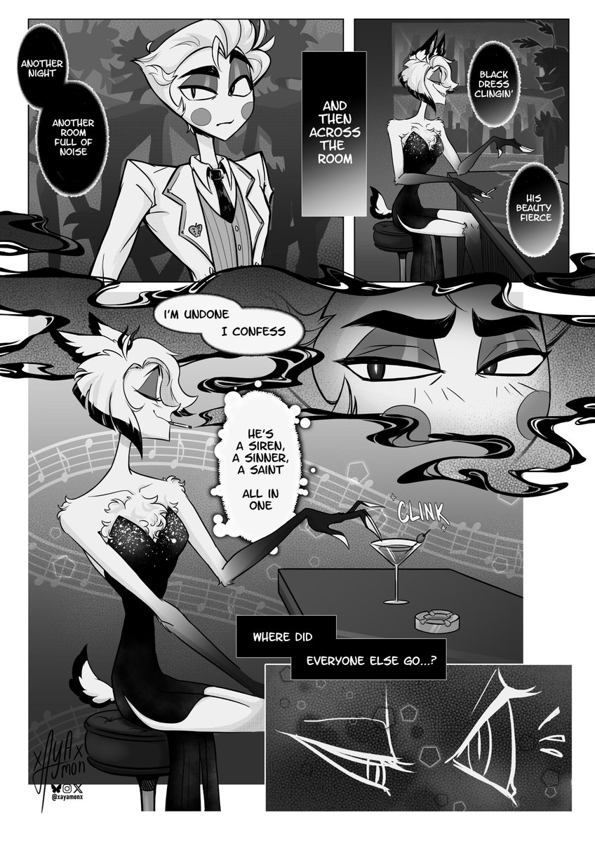 xayamonx's tweet photo. What can I say? Alastor just looks sexy in black 👀
This is a short two pager part of the #ARMixtapeEvent2026 for bleakcinema (bsky) based on his chosen song "Sexy in Black" by StarletSte. 

#appleradio #hazbinhotelcomic #HazbinHotelAlastor #HazbinHotelLucifer https://t.co/yaWnDlYjFZ